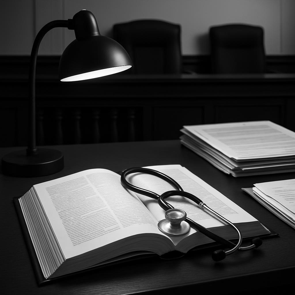 A medical office with a stethoscope on an open book and a desk lamp, in black and white style.
